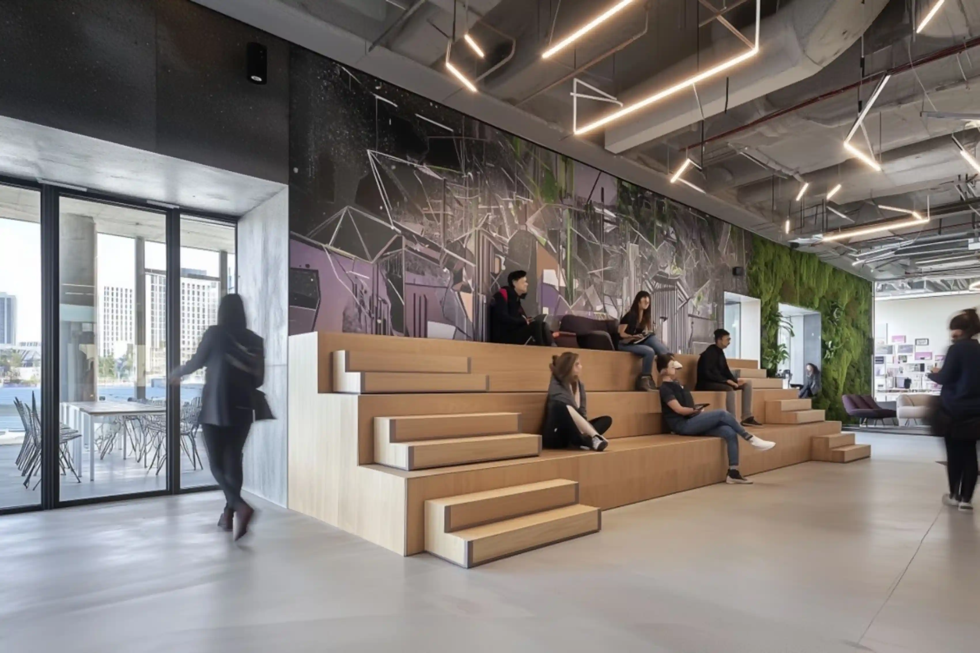 Claure Corporate Project - Office town hall area with integrated wooden stadium seating and stairs - Ai Spaces.webp